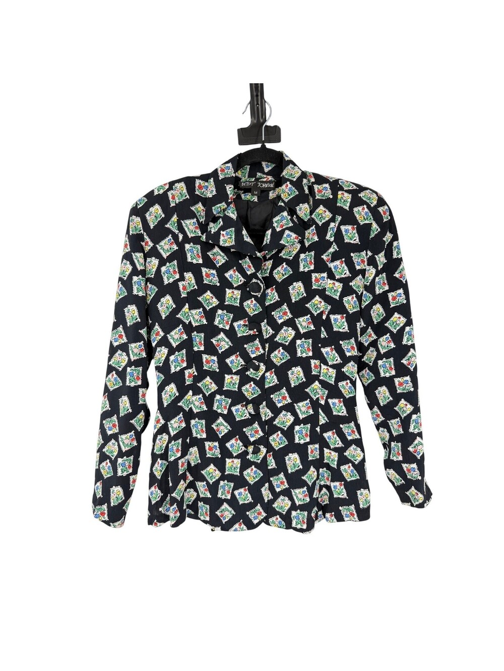 Vintage Betsey Johnson USA Rayon Peplum Blazer Jacket Floral Stamp Print Black M